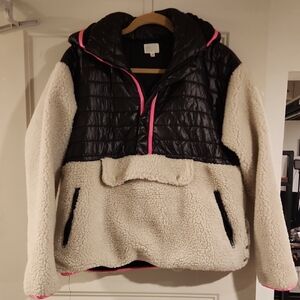 Women's Black and Cream Puffer Sweater with Pink Trim